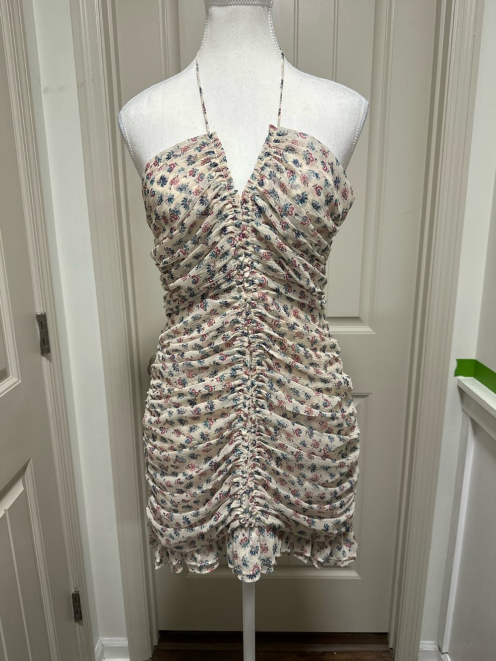 Zara Cream Halter Ruched Mini with Blue and Pink Floral